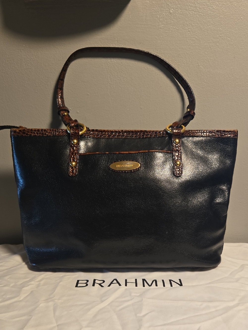 Brahmin Leather Tote Croc Trim Black & Brown